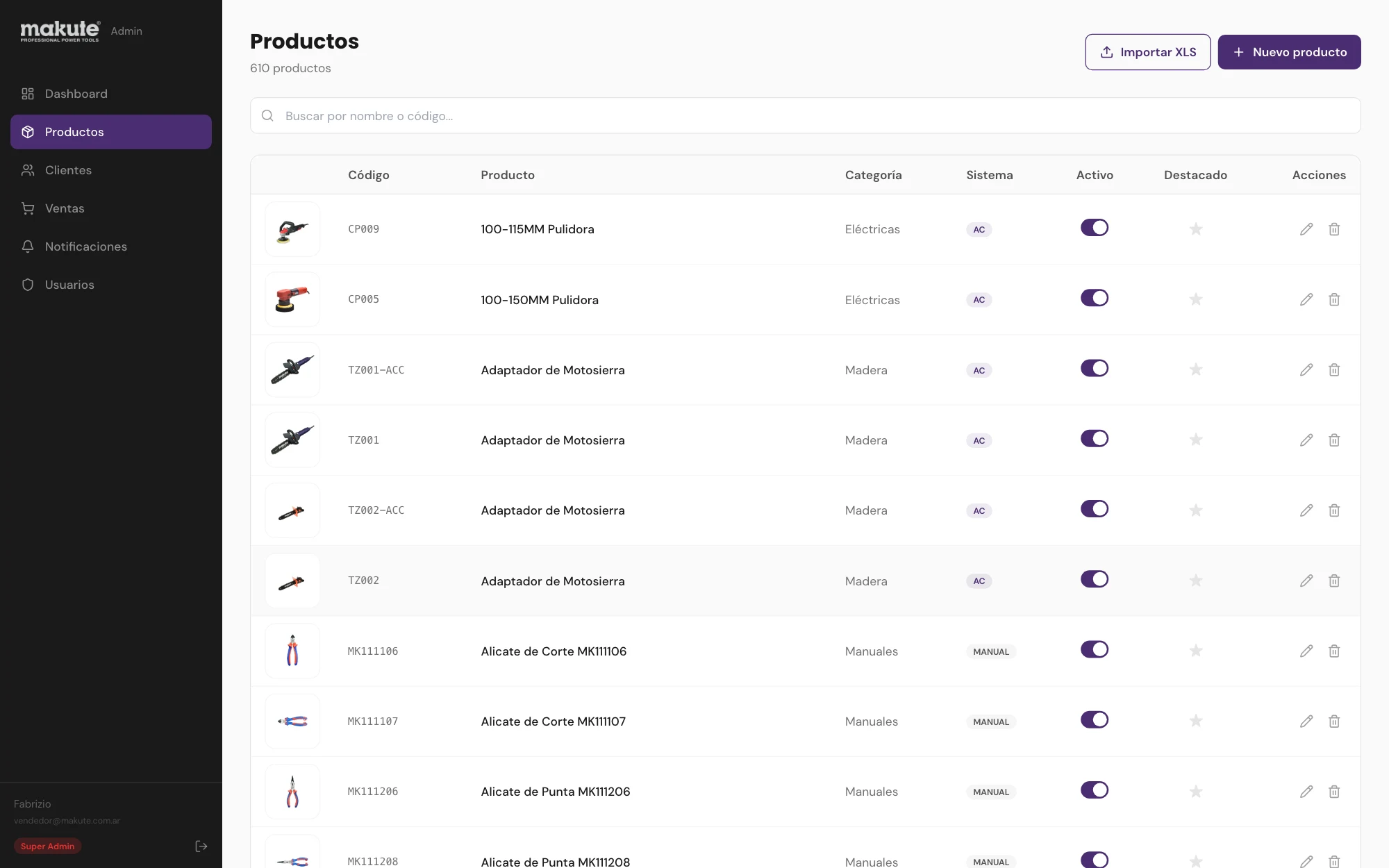 Products: 610 tools with code, category, system, XLS import and publishing control