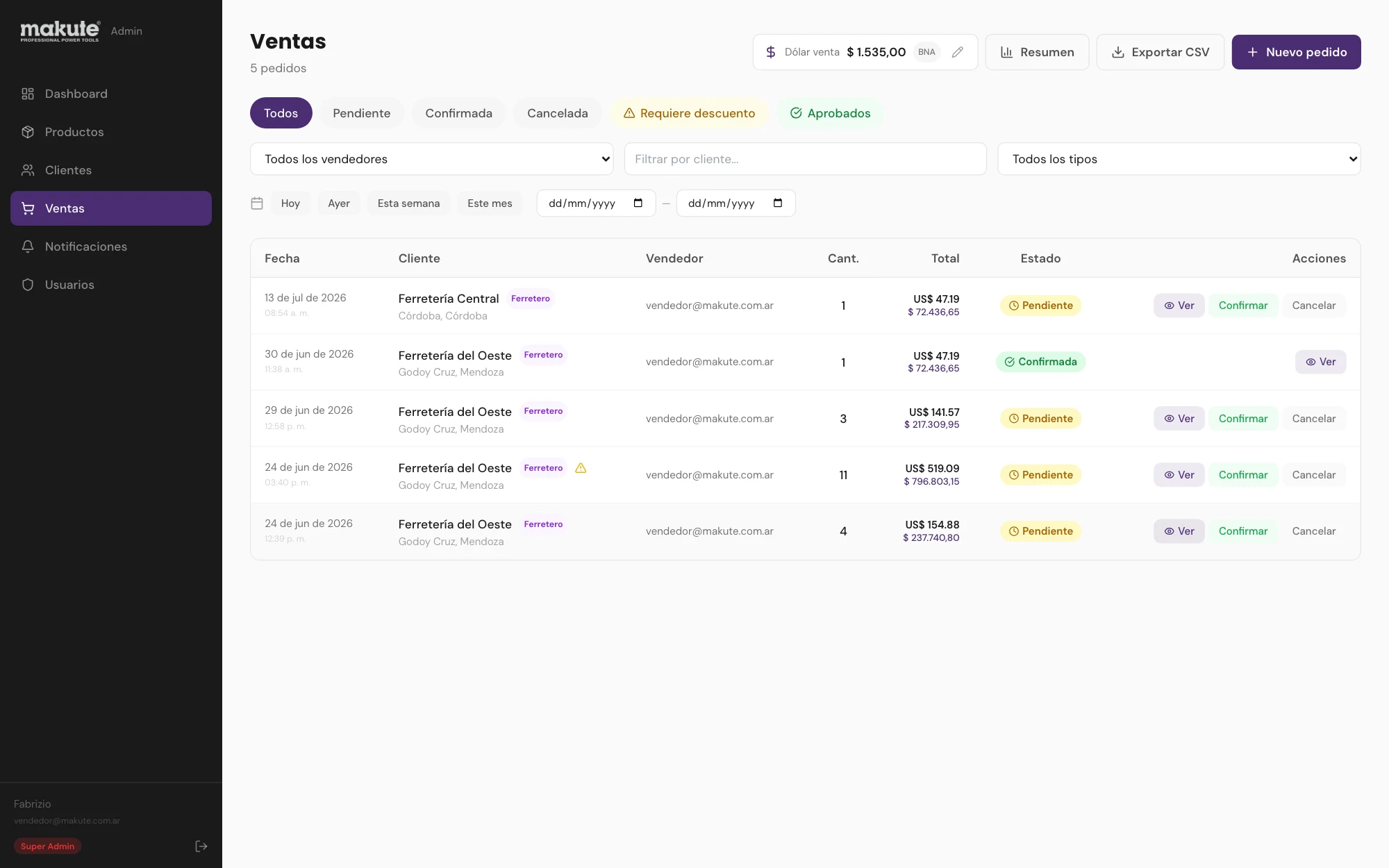 Sales: orders by salesperson and status, the day’s dollar rate and CSV export (customer data replaced)