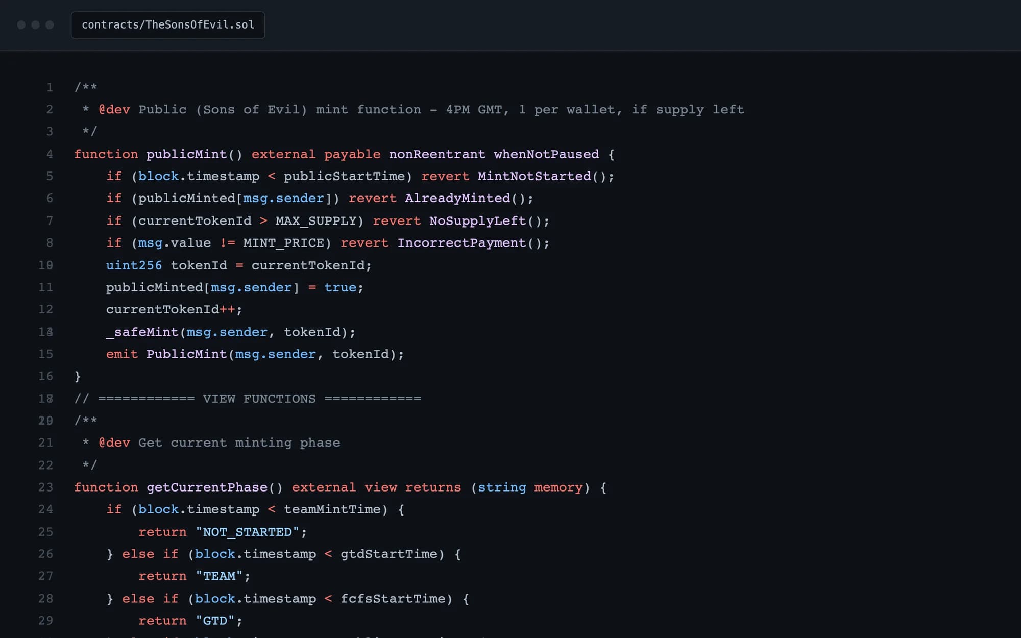 Mint público y lectura de la fase actual según timestamps on-chain