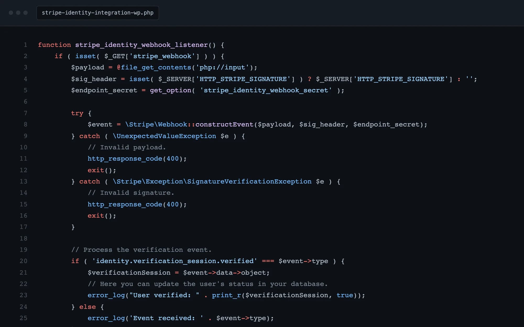 Webhook listener with Stripe signature verification