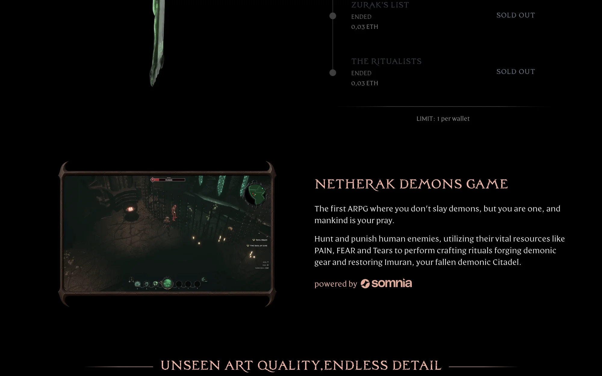 Netherak Demons game section, with gameplay and the Somnia network presentation
