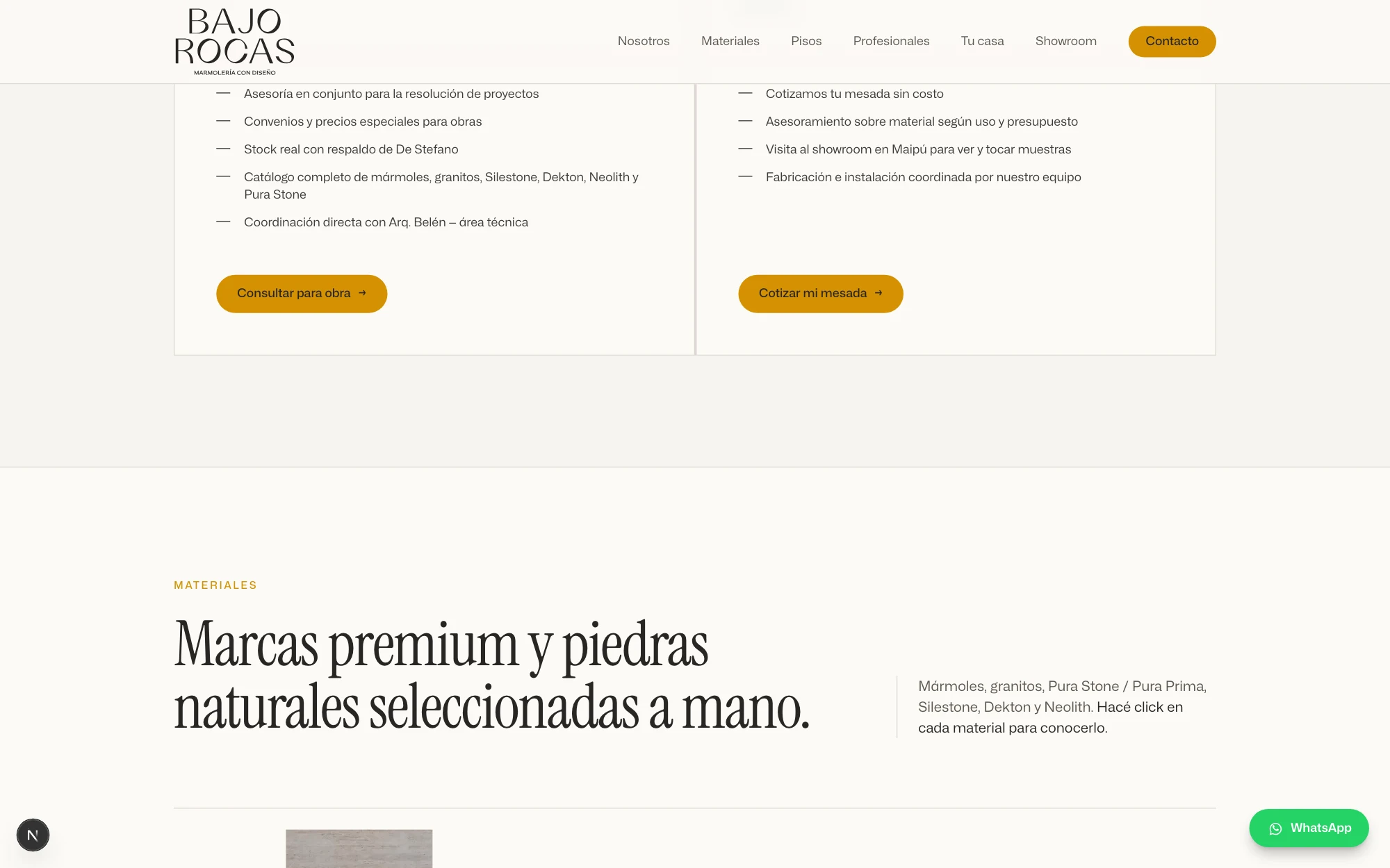 Materiales y marcas: mármoles, granitos, Silestone, Dekton y Neolith