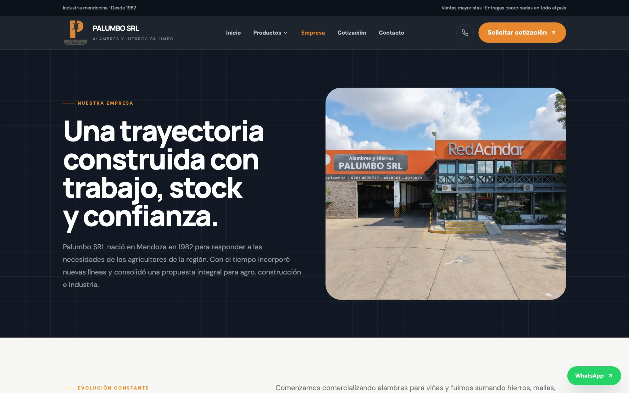 Página de empresa con la historia desde 1982