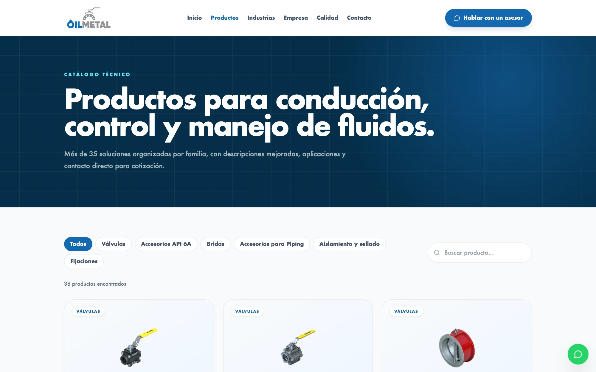 Catálogo técnico con más de 35 productos, filtros por familia y buscador