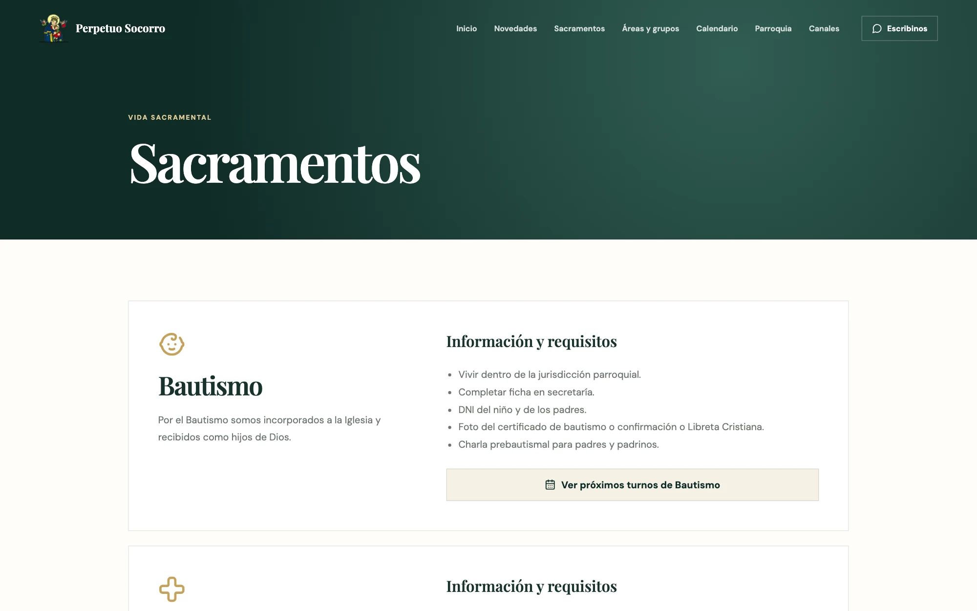 Sacramentos con información y requisitos de cada uno